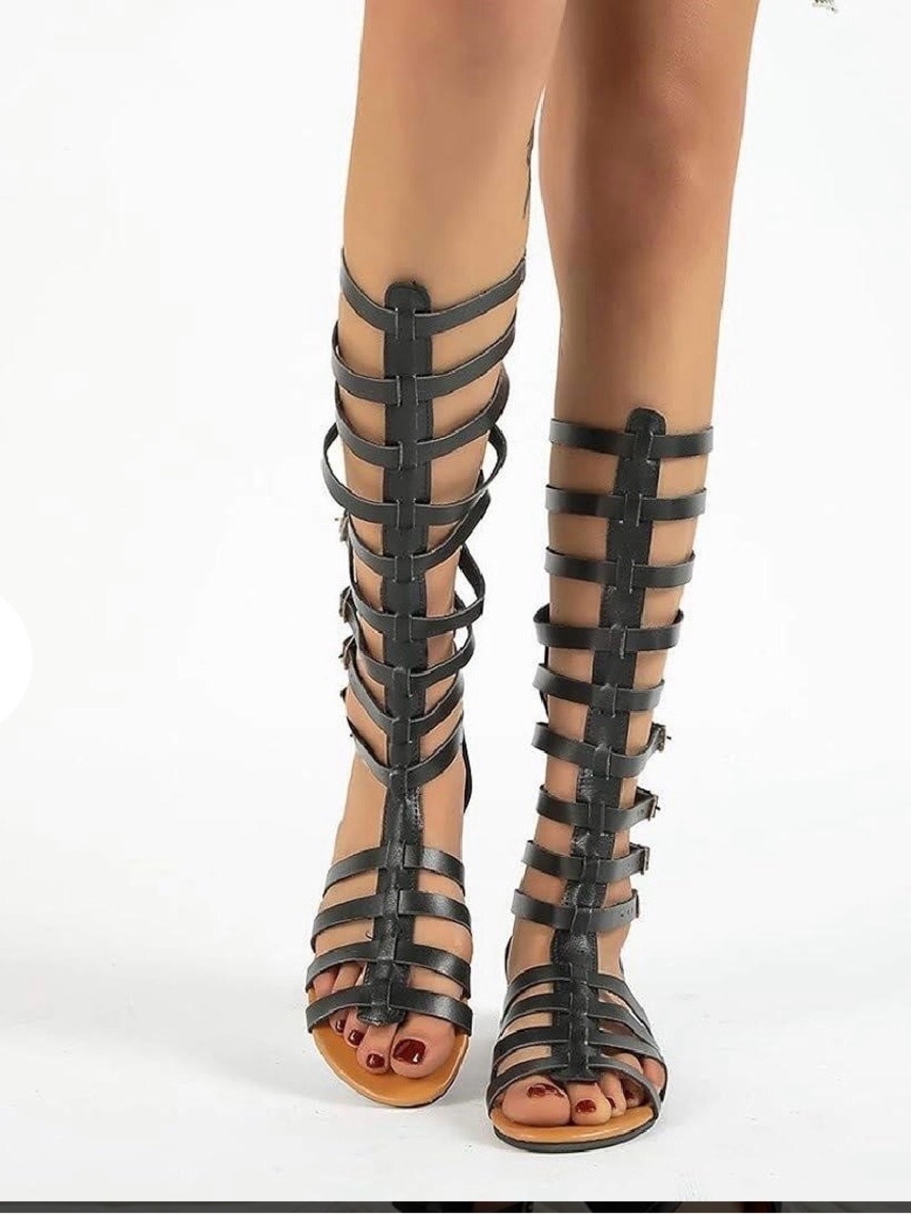 Black Gladiator Knee-High Strappy Sandals - Women